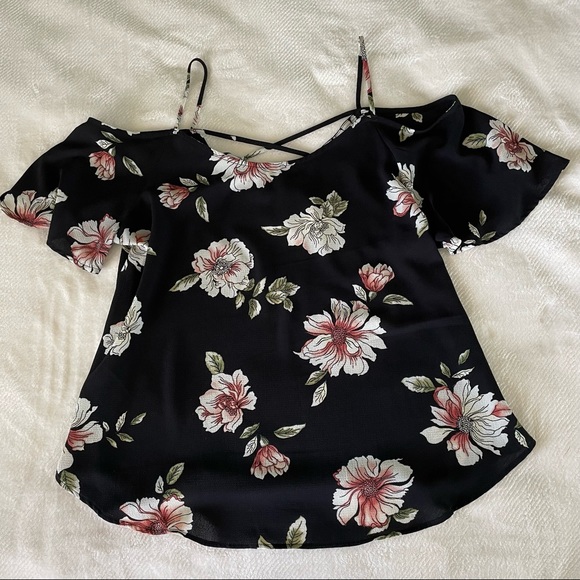 Gorgeous Black Floral Cold Shoulder Blouse with Cross Back Detail - Picture 9 of 9